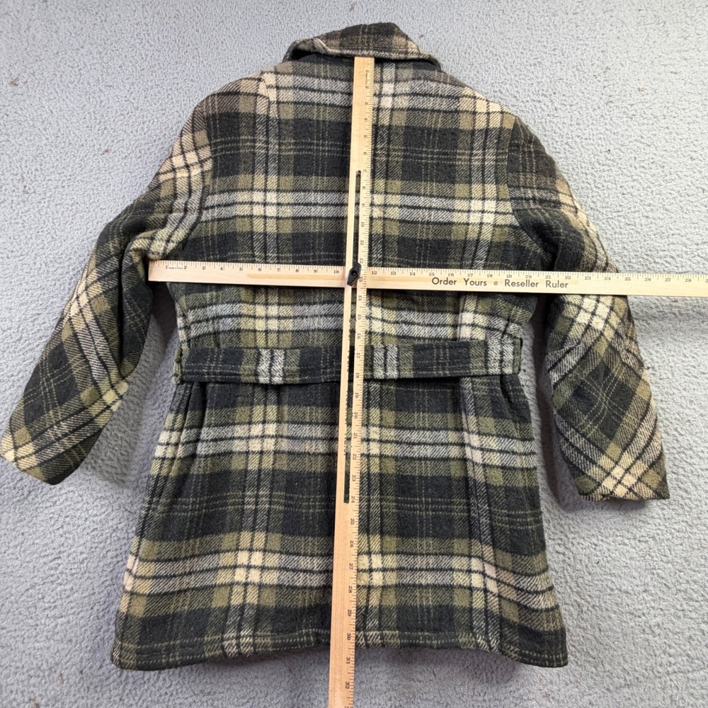 Vintage Materia Di Italia Green Plaid Belted Wool Coat Anchor Buttons Size 14 - Picture 5 of 8